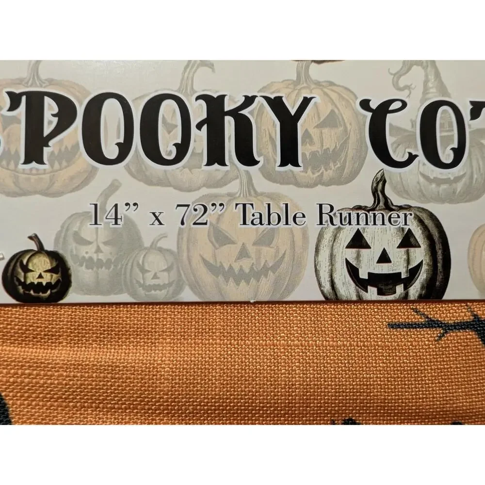 NEW! The Spooky Cottage Halloween Table Runner Orange Black Graveyard Silhouette